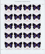 Sheet of 20 2021 "Colorado Hairstreak" USA stamps featuring identical purple and black butterflies with orange spots, labeled "NON-MACHINABLE SURCHARGE" below each stamp.