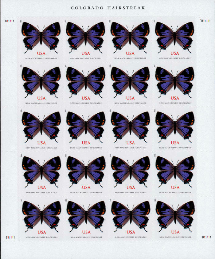 Sheet of 20 2021 "Colorado Hairstreak" USA stamps featuring identical purple and black butterflies with orange spots, labeled "NON-MACHINABLE SURCHARGE" below each stamp.
