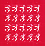 Sheet of 20 US Love series Forever stamps on red background featuring white and pink origami crane designs, arranged in a 4x5 grid with "forever" and "USA" text on each stamp.
