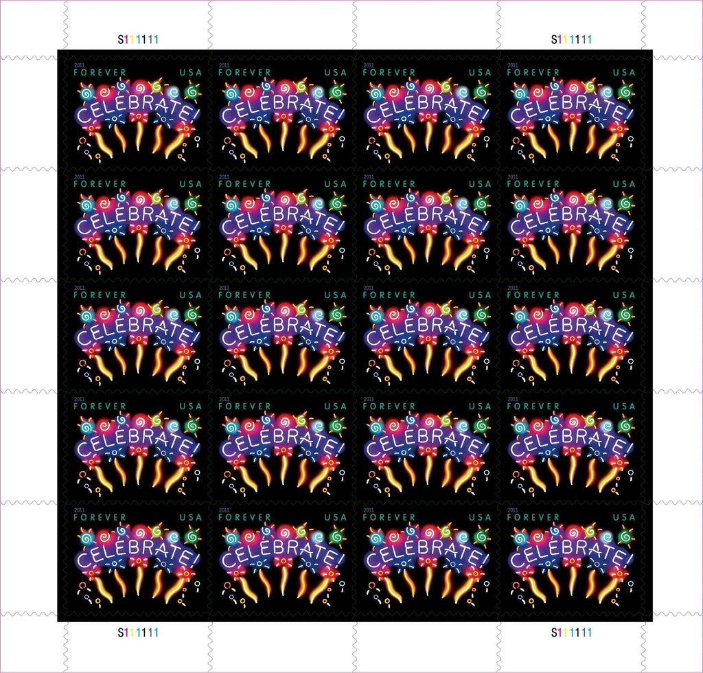 Sheet of 20 "CELEBRATE!" 2011 Forever USA stamps featuring colorful fireworks display with golden bursts and multicolored decorative elements on black background