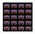 Sheet of 20 "CELEBRATE!" 2011 Forever USA stamps featuring colorful fireworks display with golden bursts and multicolored decorative elements on black background