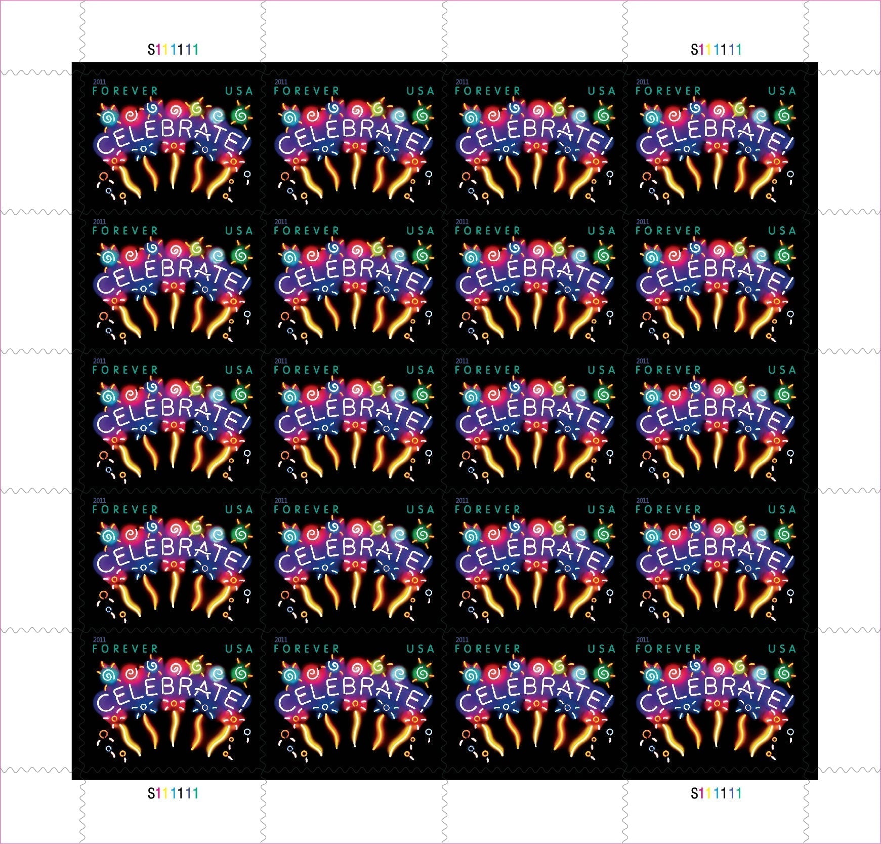 Sheet of 20 "CELEBRATE!" 2011 Forever USA stamps featuring colorful fireworks display with golden bursts and multicolored decorative elements on black background